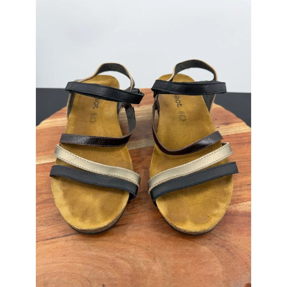 Naot hero Wedge Sandals sz 38 7 Black Bronze Multi Strap Leather Comfort Shoes